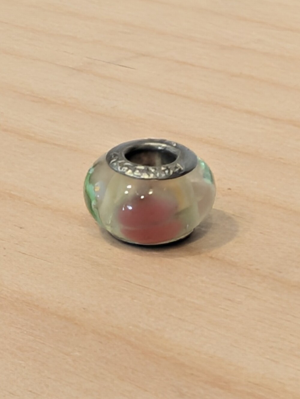 PANDORA Retired Murano Glass Charm - Pink Flowers & Green Leaves